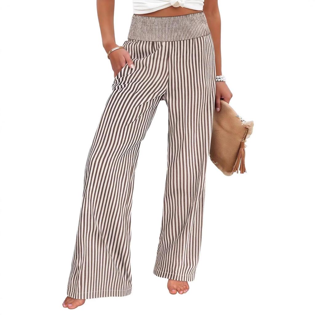 2026 Women's Loose Striped Smocked Cotton Linen Casual Pants