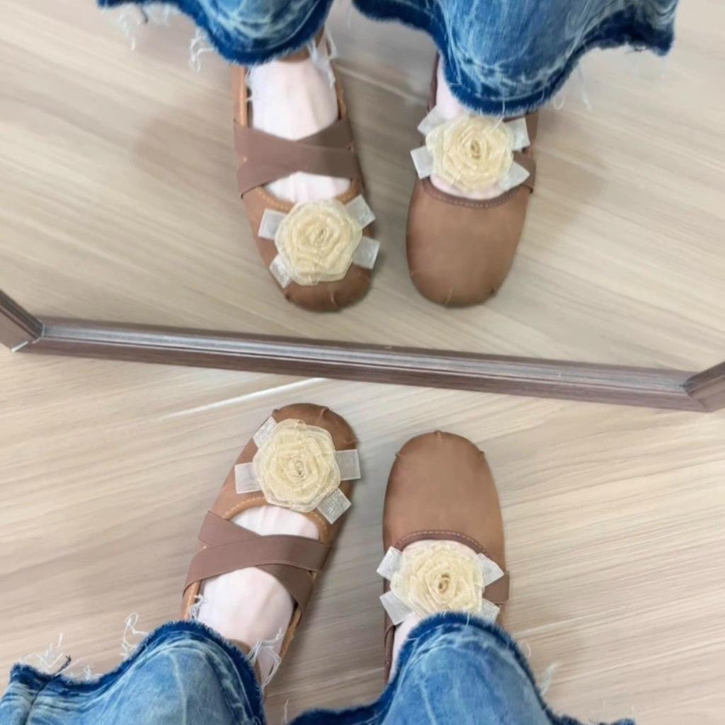 Inner height increase 5cm small retro camellia ballet shoes women's 2025 summer cross with round head Mary Jane shoes