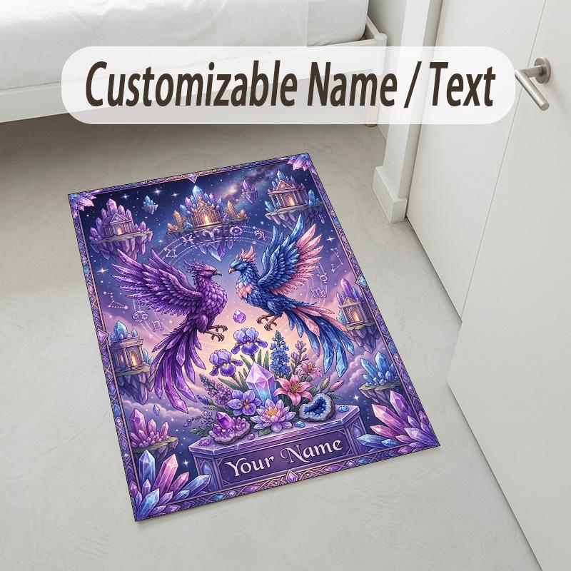 Dragon Phoenix Theme Crystal Velvet Rug Personalized Custom Name Text Soft Floor Mat Home Decor