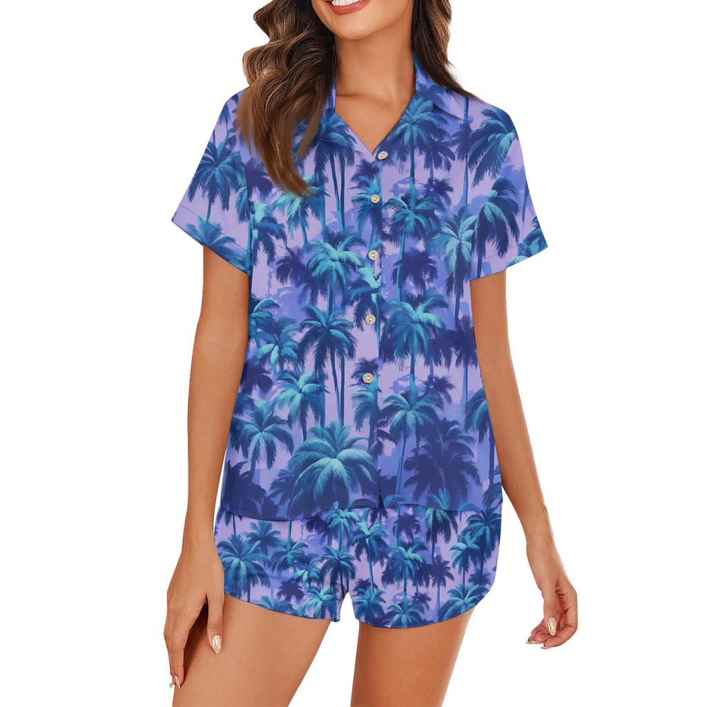 Women's Ice Silk Pajamas Button Homewear Hawaiian Print Short Sleeve Satin Pajama Set