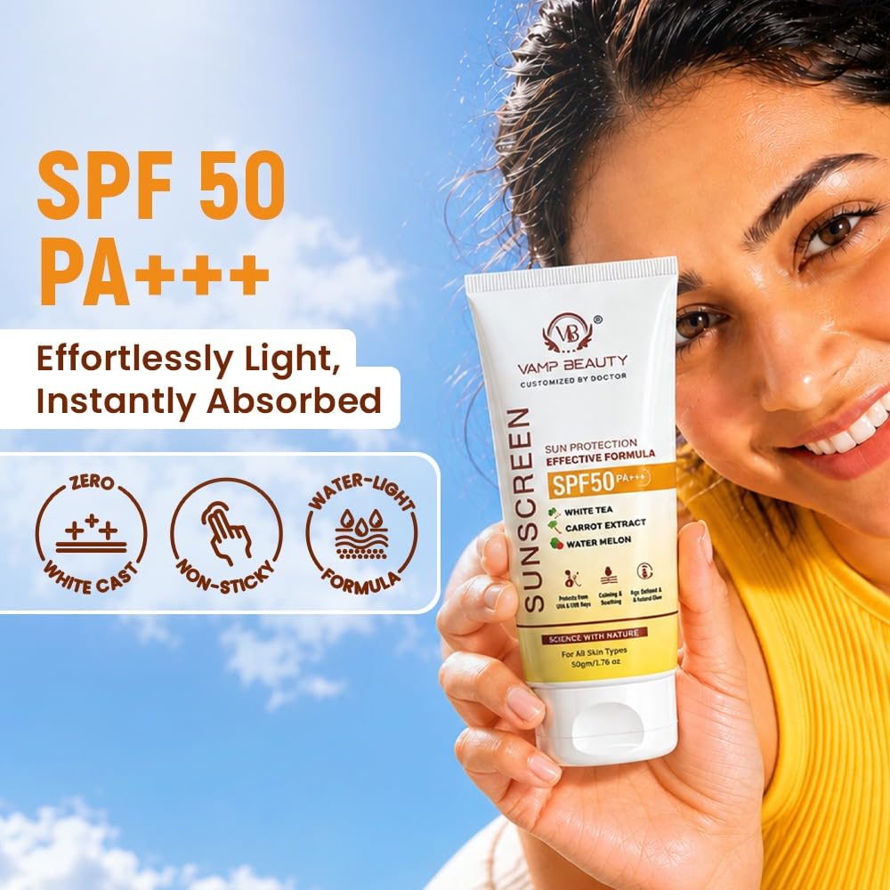Vamp Beauty Sunscreen SPF 50 PA+++ with White Tea, Carrot Extract & Watermelon | Broad Spectrum UVA & UVB Protection | Lightweight & Non-Greasy For