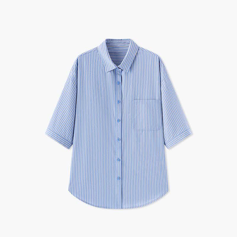 EICHITOO Women's Light Blue Striped Mid-Sleeve Lapel Shirt