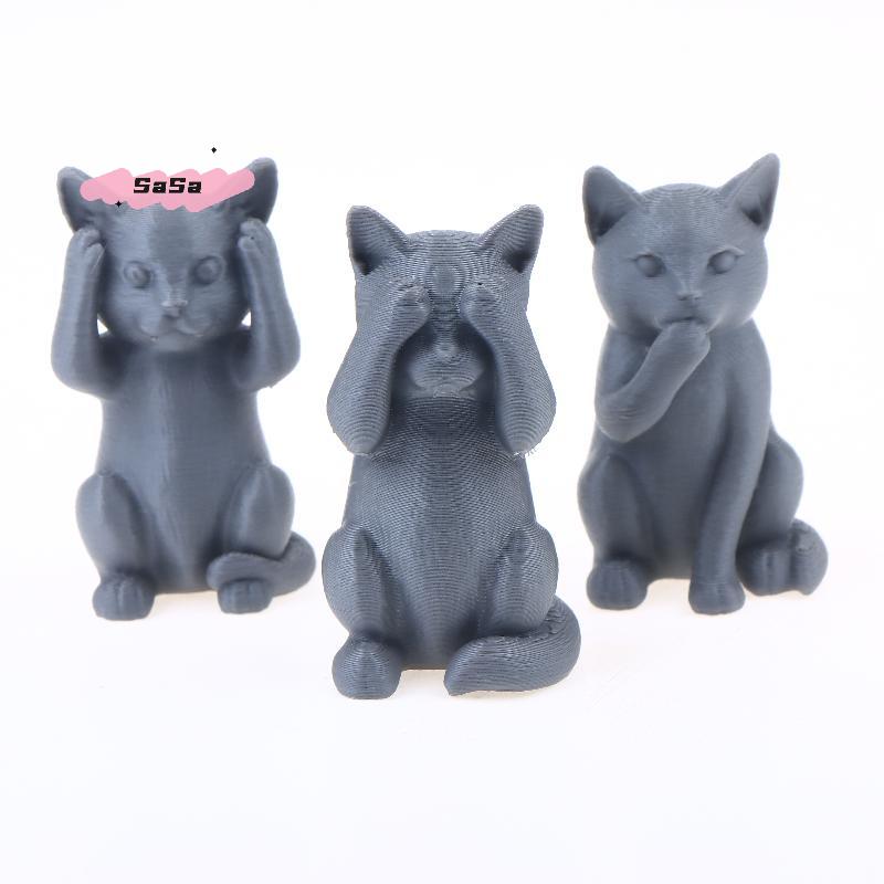 S-1/3Pcs Three Wise Not Cat Ornament Set Minimalist Cat Sculpture Covered Ears Mouth Eyes for Cat Lovers Home Desk Decor