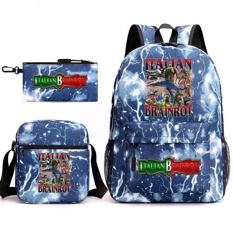 Abstract Foreign Shanhaijing Schoolbag Tongtongsahur Cartoon Primary School Student Backpack Three-piece Set D