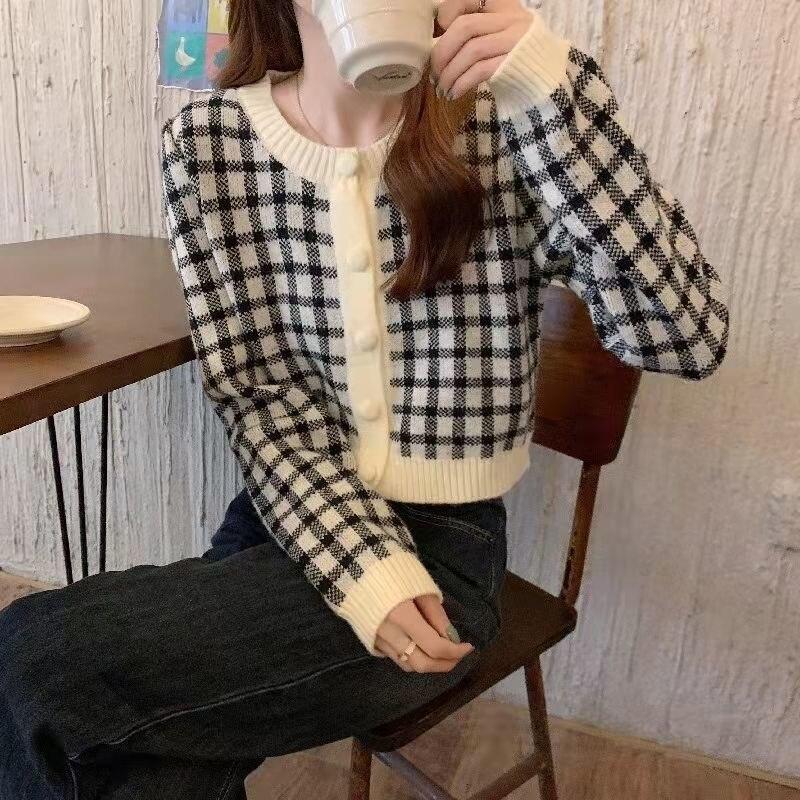 Kardiganový svetr kostkovaný jarní a podzimní francouzský jemný krátký pletený svetr s kulatým výstřihem 2023 ležérní svetr dámský