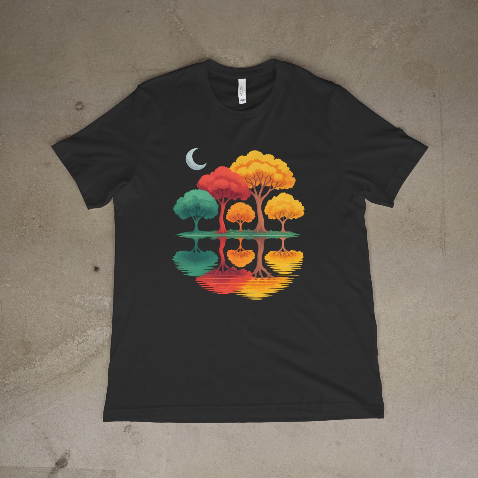 Nature Trees Reflection Tee Colorful Sunset Art Shirt Moon Graphic Unisex XL