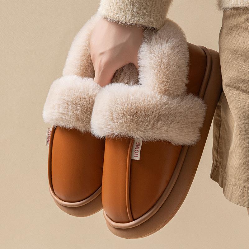 Bag Heel Leather Cotton Slippers Women's Autumn and Winter Waterproof and Velvet Warm Thick Bottom Non-slip Home Wear Plush Cotton Shoes