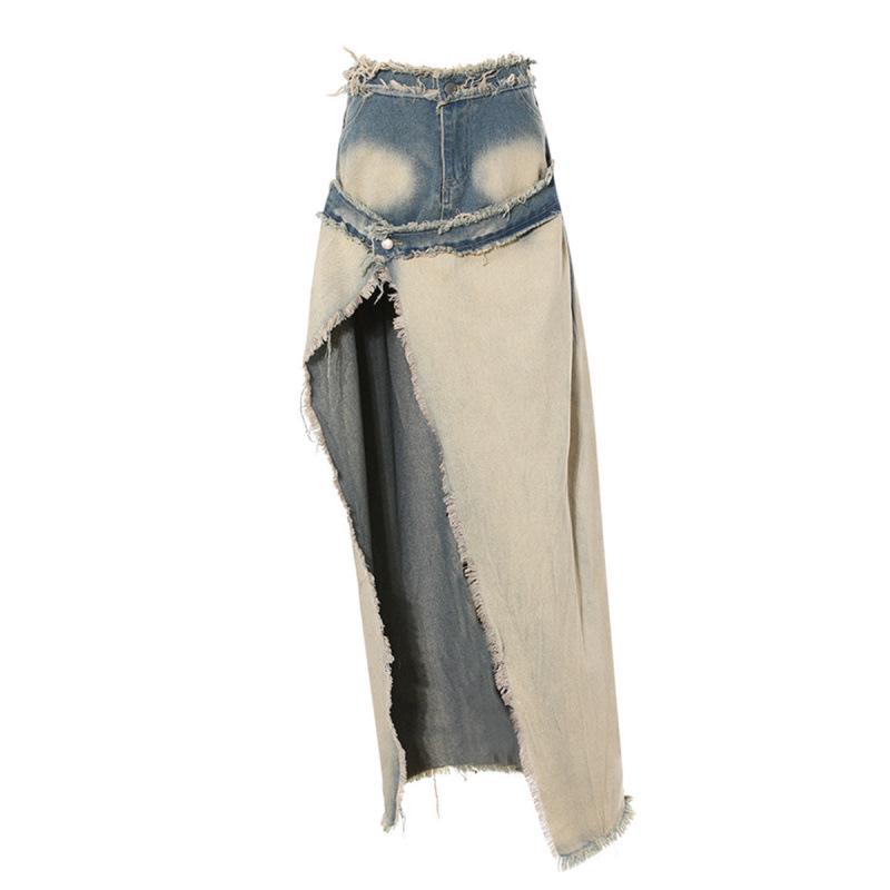 Wasteland-Inspired Gradient Denim Split Two-Piece Skirt for Spring/Summer Small
