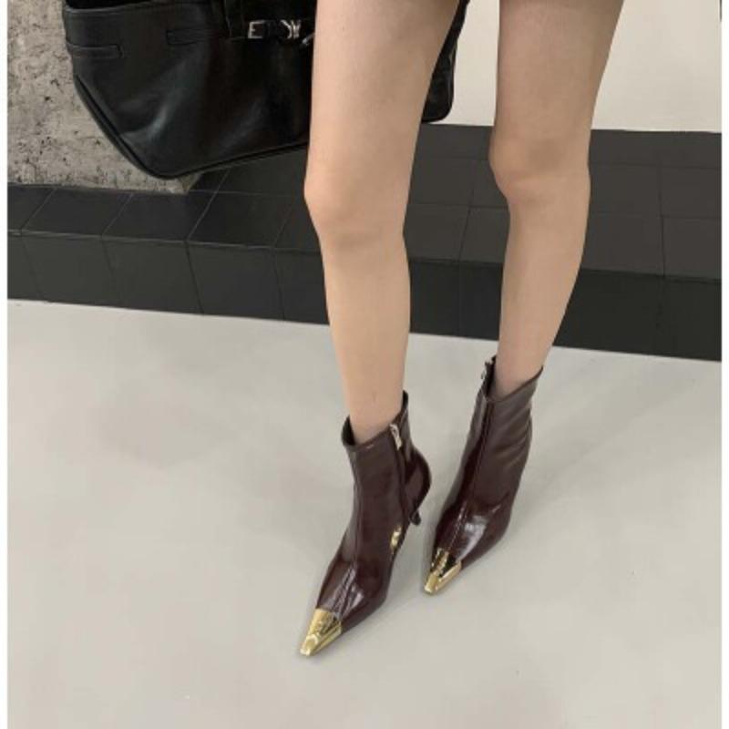 Short boots women's new black and gold stiletto boots metal head high heel fashion boots