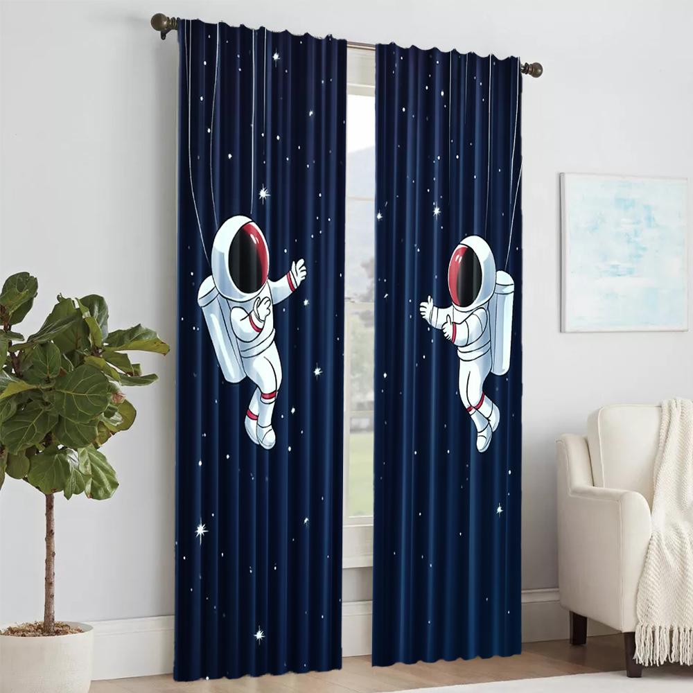 

2Pcs Modern Space Astronaut Blackout Curtains Deep Blue Starry Sky Cartoon Spaceman Print Drapes For Bedroom Study Living 29x65in(75x166cm)