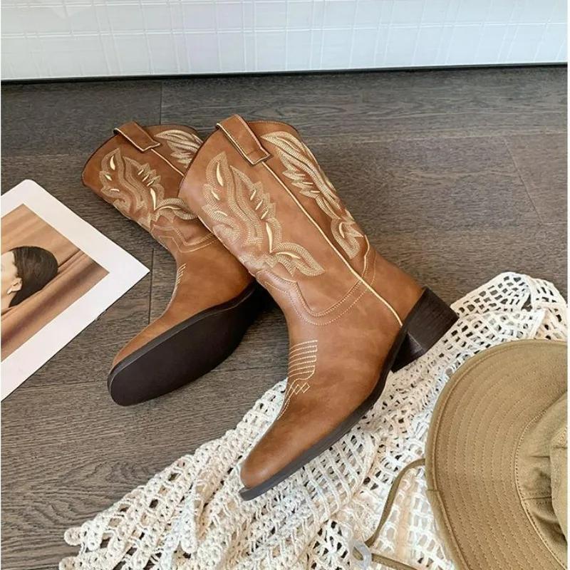 Fashion Fall Women Mid-calf Boots 2025 Vintage Leather-covered Brown Western Cowboy Boots Embroidered Chunky Heel Thigh-high Knight Boot