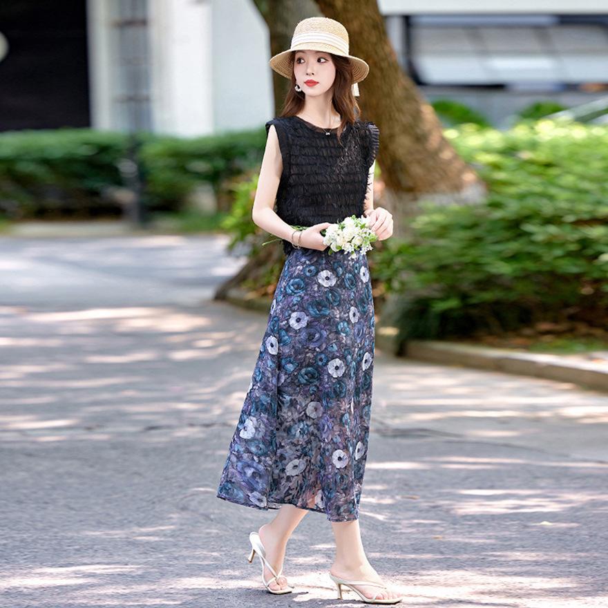 Fashion Suit Skirt Women's Summer New Fringed Sleeveless Top Slim Printed Skirt Two-piece Set