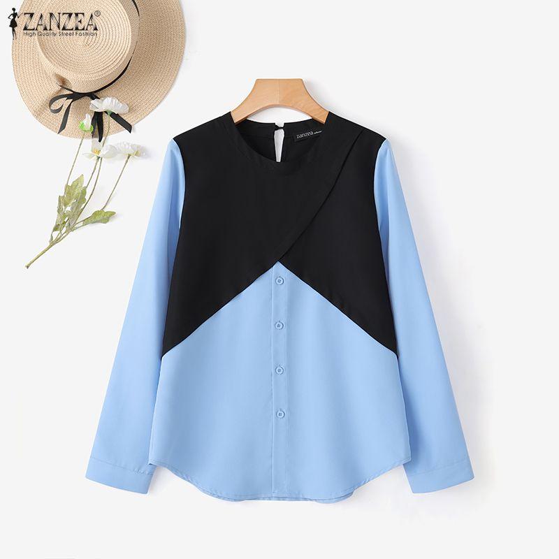 ZANZEA Women Casual Round Neck Long Sleeve Loose Patchwork Blouse