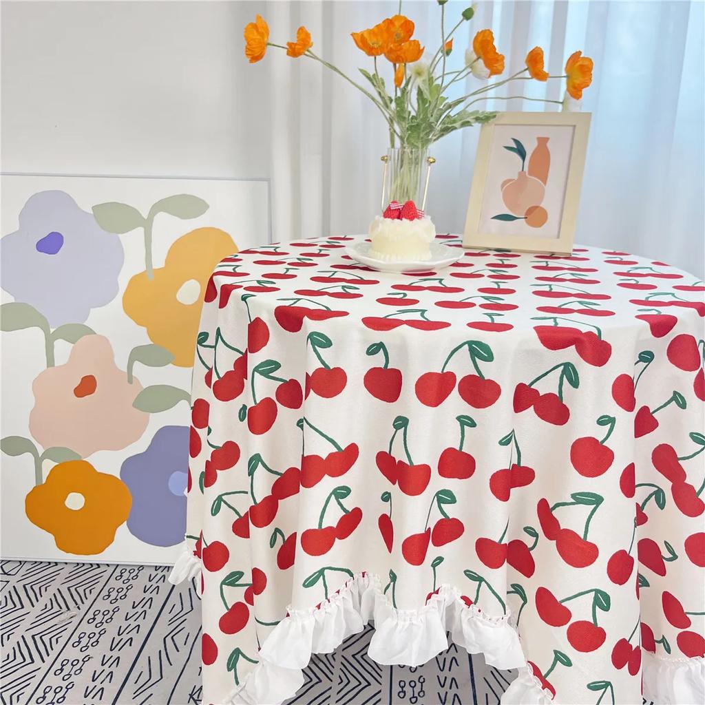 White Pleated Border Printed Tablecloth Flower Pattern Brushed Fabric Table Cover Rural Style Rectangular Dining Table Cloth