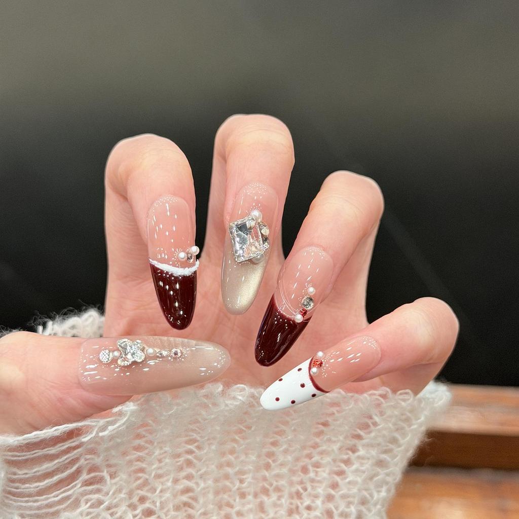 Cat Liqueur Chocolate Crisp Christmas New Year Blush French Glass Bead Diamond Handmade Wearable Nails