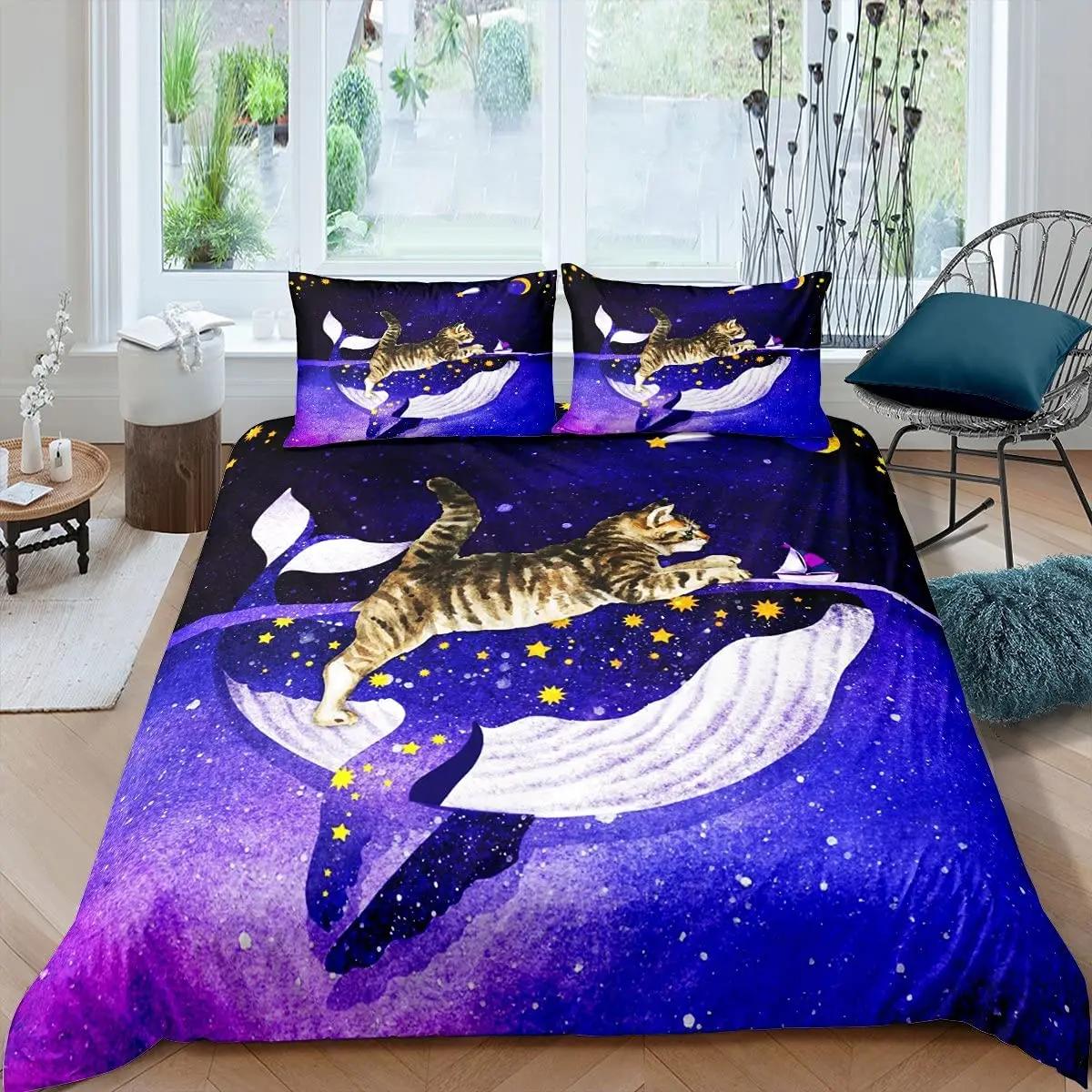 

Comforter Cat Watercolor Whale Fishing Bedding Set Ocean Sea Wave Comforter Marine Nautical Themed Comforter (quilt)-EU Single(135*200cm)3pcs