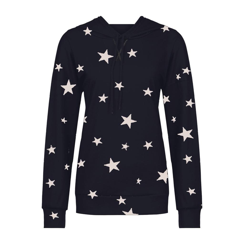 Women Fashion Hooded Star Print Patchwork Long Sleeves Tops Blouse Sweatshirt