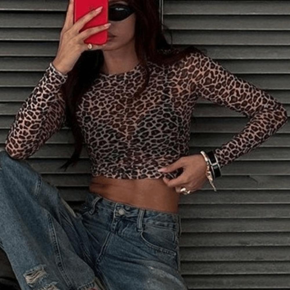 Leopard Polka Dot T-Shirt Transparent Y2k Crop Top Breathable Long Sleeve T-Shirt Date Night