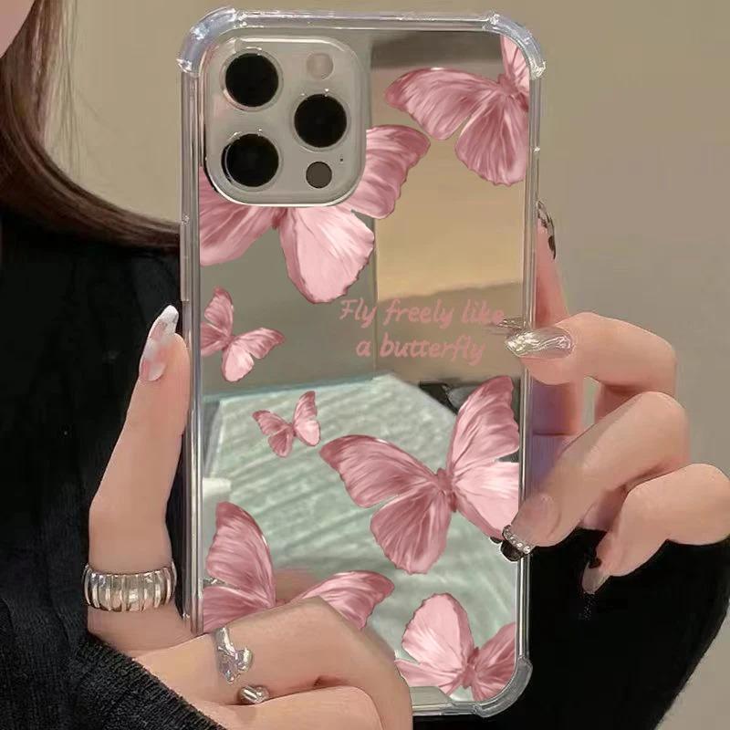 Pink Butterfly Mirror Phone Case For Samsung Galaxy A06 A14 A23 A36 A52 A55 A56 S25 S24 S23 S22 S21 Ultra Plus FE Silicone Cover