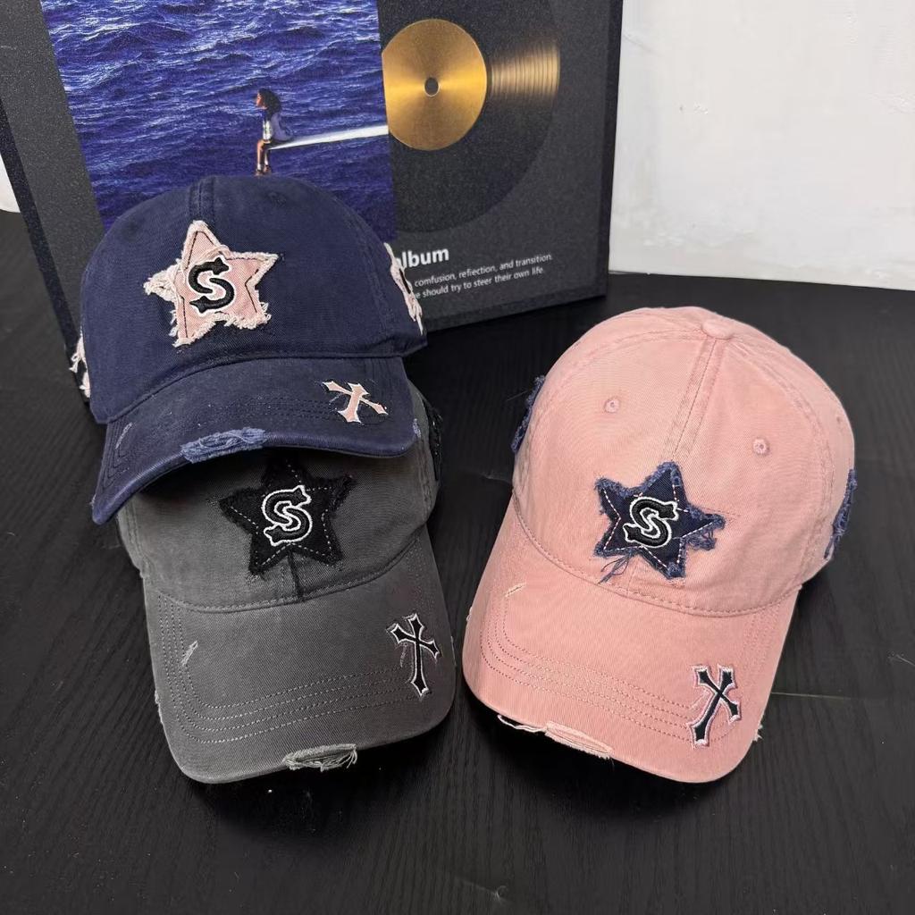 Retro hole five-pointed star baseball cap female face small summer big head circumference thin breathable versatile cap