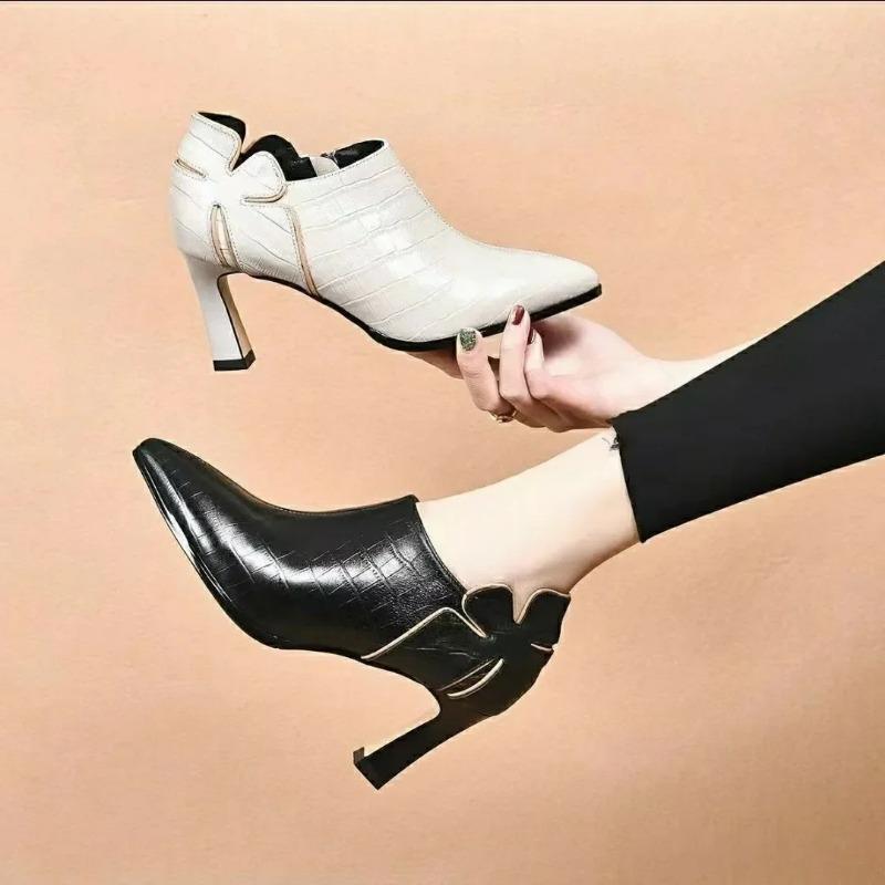 Fashion 2025 Deep Mouth Solid Color Single Shoes Spring and Autumn New Thick Heel Fashion All-match Pointed Side Zipper Leather Shoes