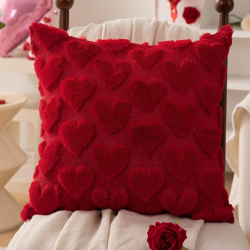 Valentine Day Heart Pillow Cover 3D Plush Embroidery Shamrock Cushion Living Room Sofa Bedding Accent Decor Throw Case