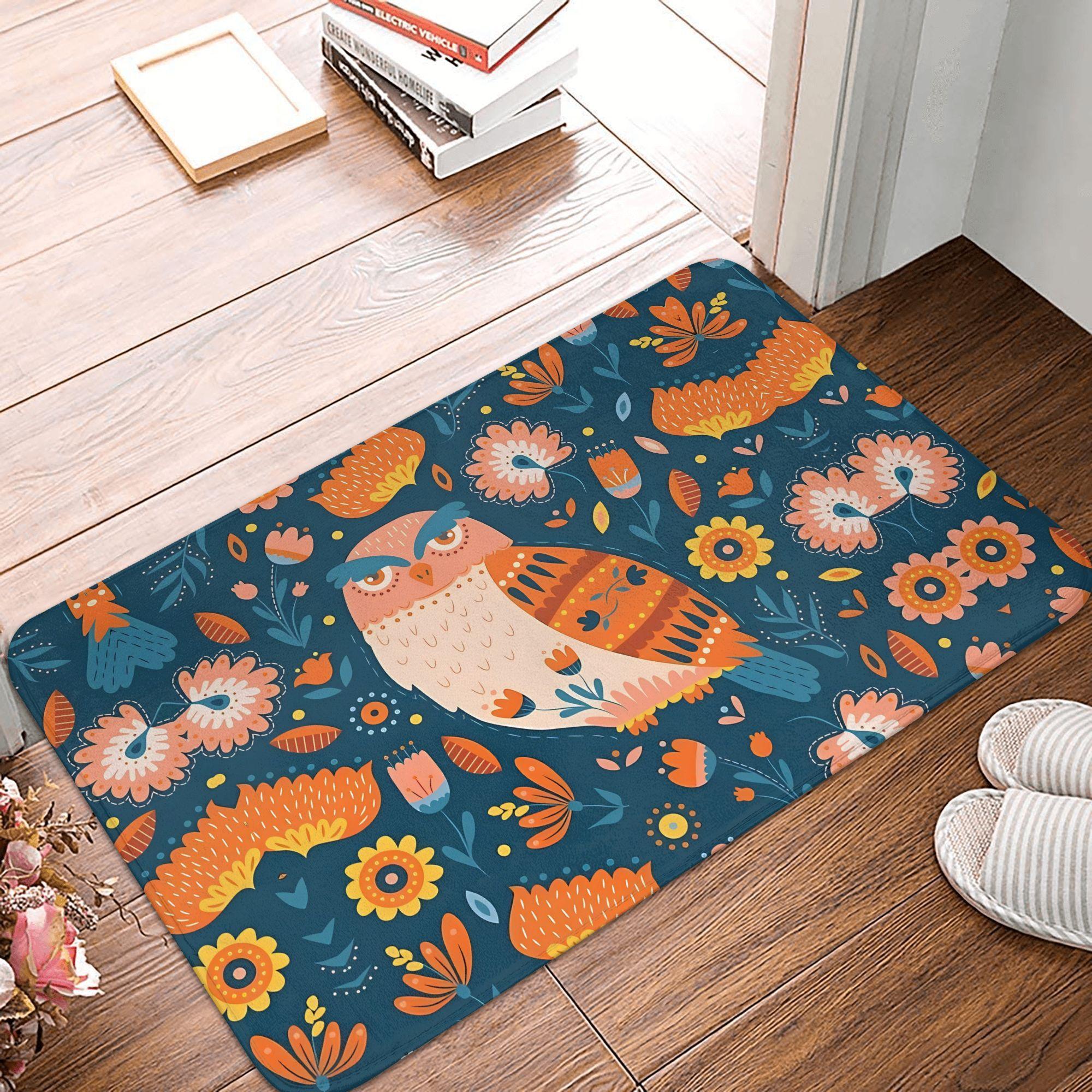 

Folk Owl Doormat – Blue Floral Background with Orange Patterned Owl, Soft Flannel, Non-Slip, Machine Washable, Entryway Bedroom 40cm x 60cm