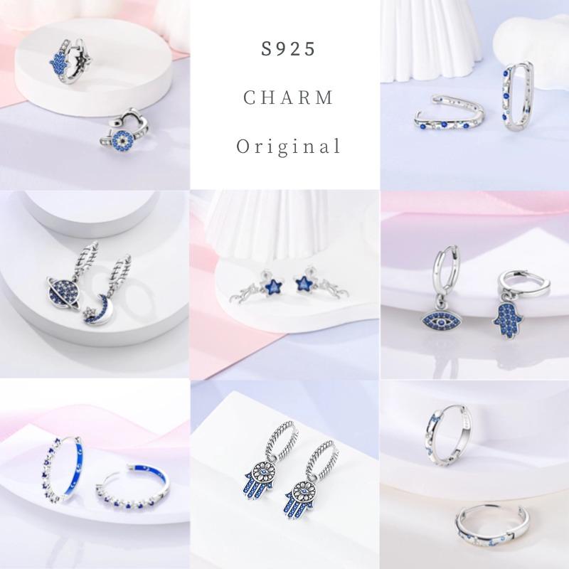 Shining Blue Zircon Owl Earrings 925 Silver Evil Eyes Earrings for Women Wedding Engagement Planet Moon Star Zirconia Jewelry