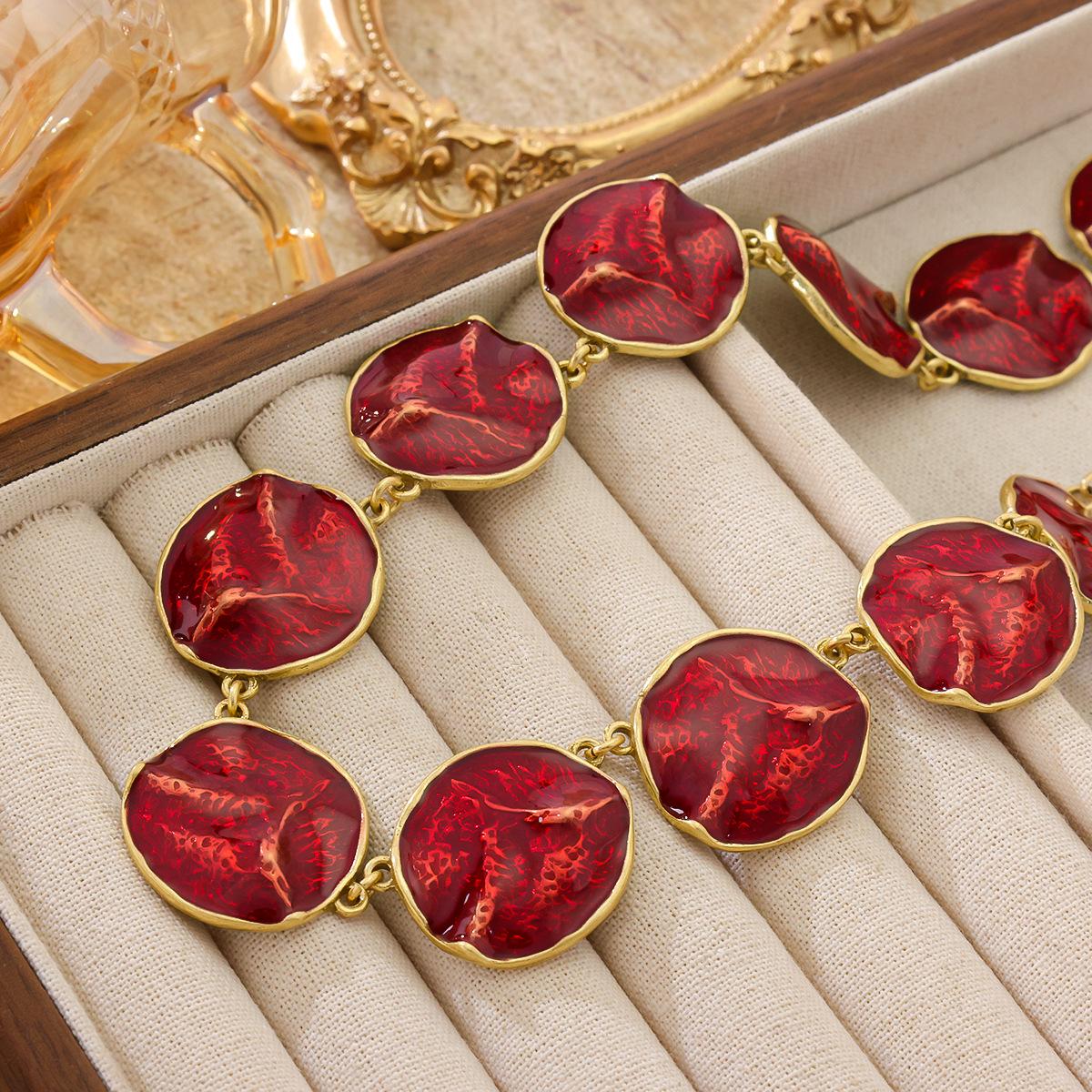 Vintage Antique Jewelry Simple Versatile Red Enamel Plated Real Gold Necklace Earrings Classic Set