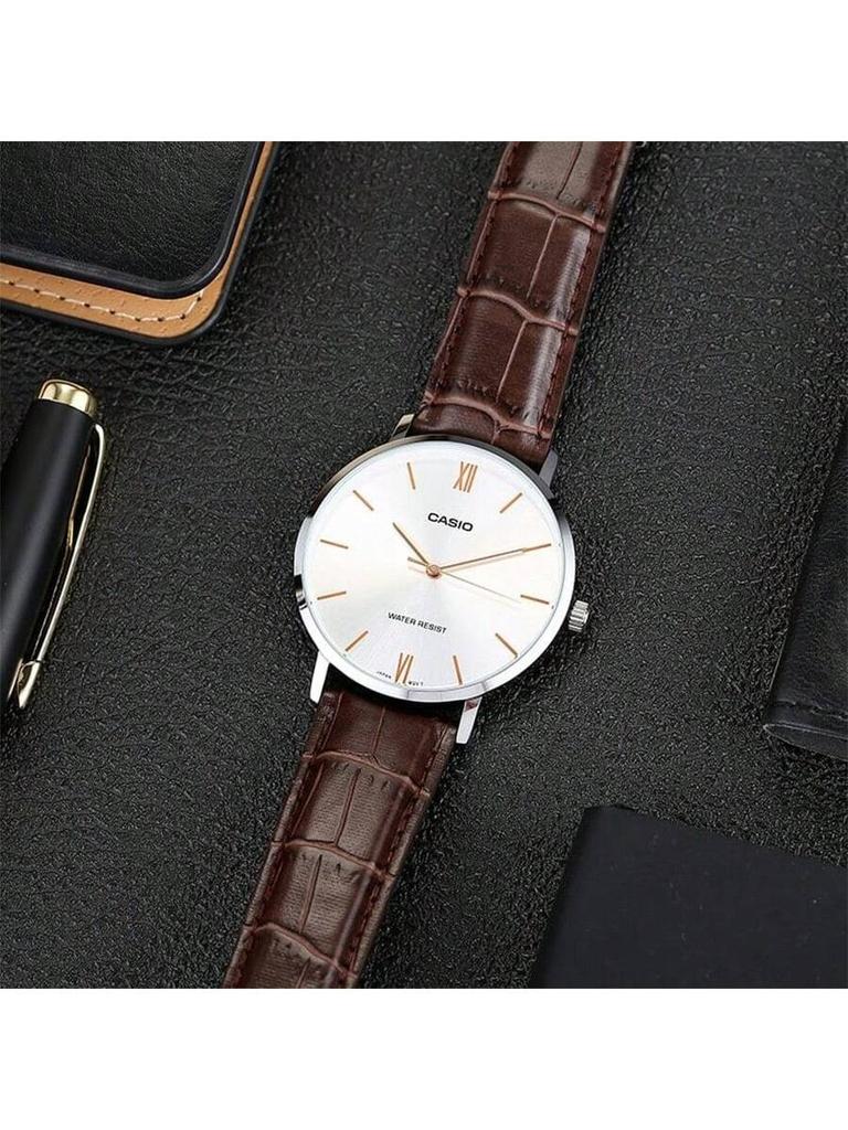 Casio Men's Minimalist Wristwatch - Silver Dial, Blue Numeral Markers, Leather Strap, Pointer Design, Elegant and Versatile, -7B1/-7B2 MTP-VT01L