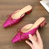 Sexy Rose Red Sequined Cloth Slippers Women Sweet Bow Decorated Slide Sandals Fashion Pointed Toe Chunky Heel Designer Shoes