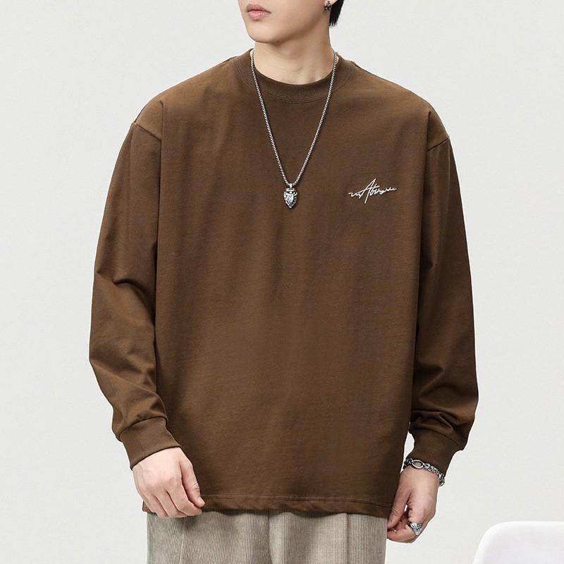 

Осенне-зимний свитер с длинными рукавами из чистого хлопка с вышивкой, мужской свободный модный брендовый топ большого размера с круглым вырезом и принтом, модная основа 4XL темно-коричневого