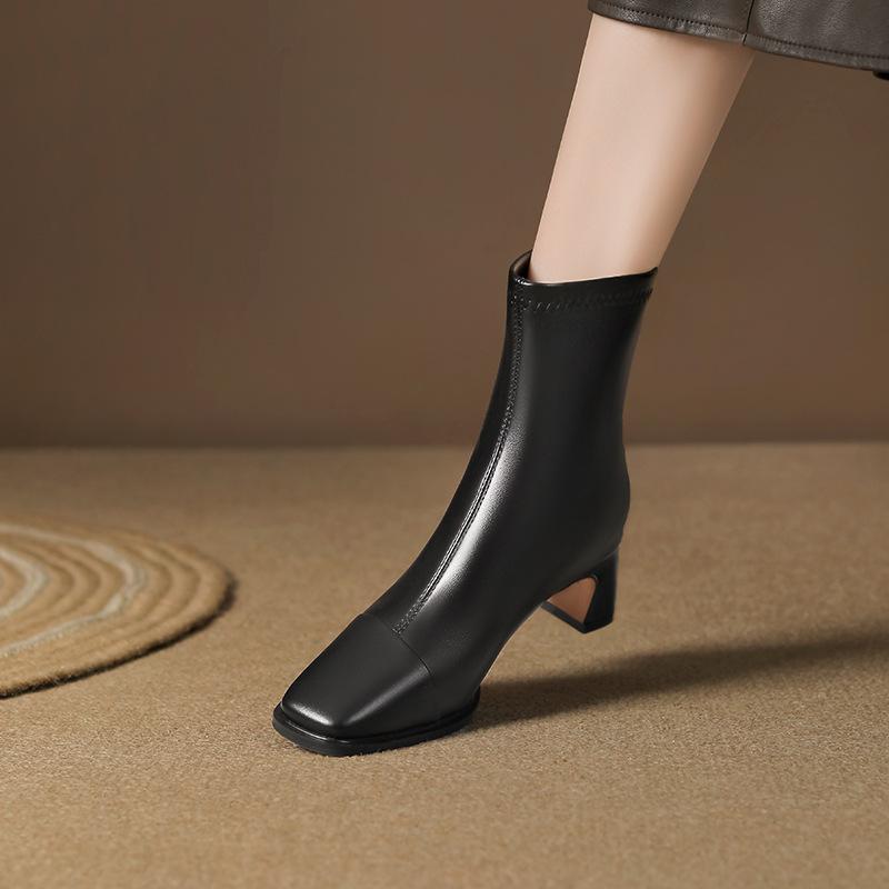 832-2 square head thick heel single boots rear zipper Martin boots 2025 autumn and winter new high heel versatile short boots bare boots