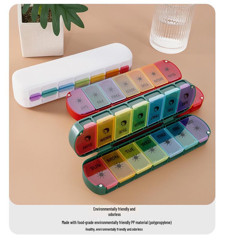 14-Grid Weekly Rainbow Magnetic Foldable Pill Organizer – Moisture-Proof, Portable, Compartmentalized Medicine Dispenser