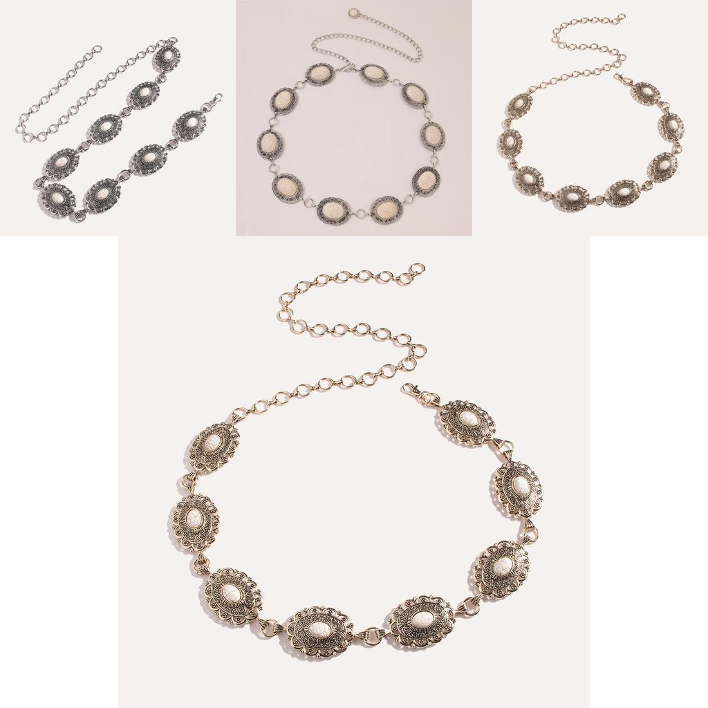 Artistic Metal Womens Waist Chain With Carved Simulated White Turquoise And Vintage Motifs For Fashion Enthusiasts
