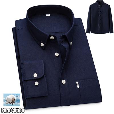 Men's 100% Pure Cotton Oxford Solid Long Sleeve Shirts Business Social Formal Shirts Male Single Pocket Designer Classic Clothes