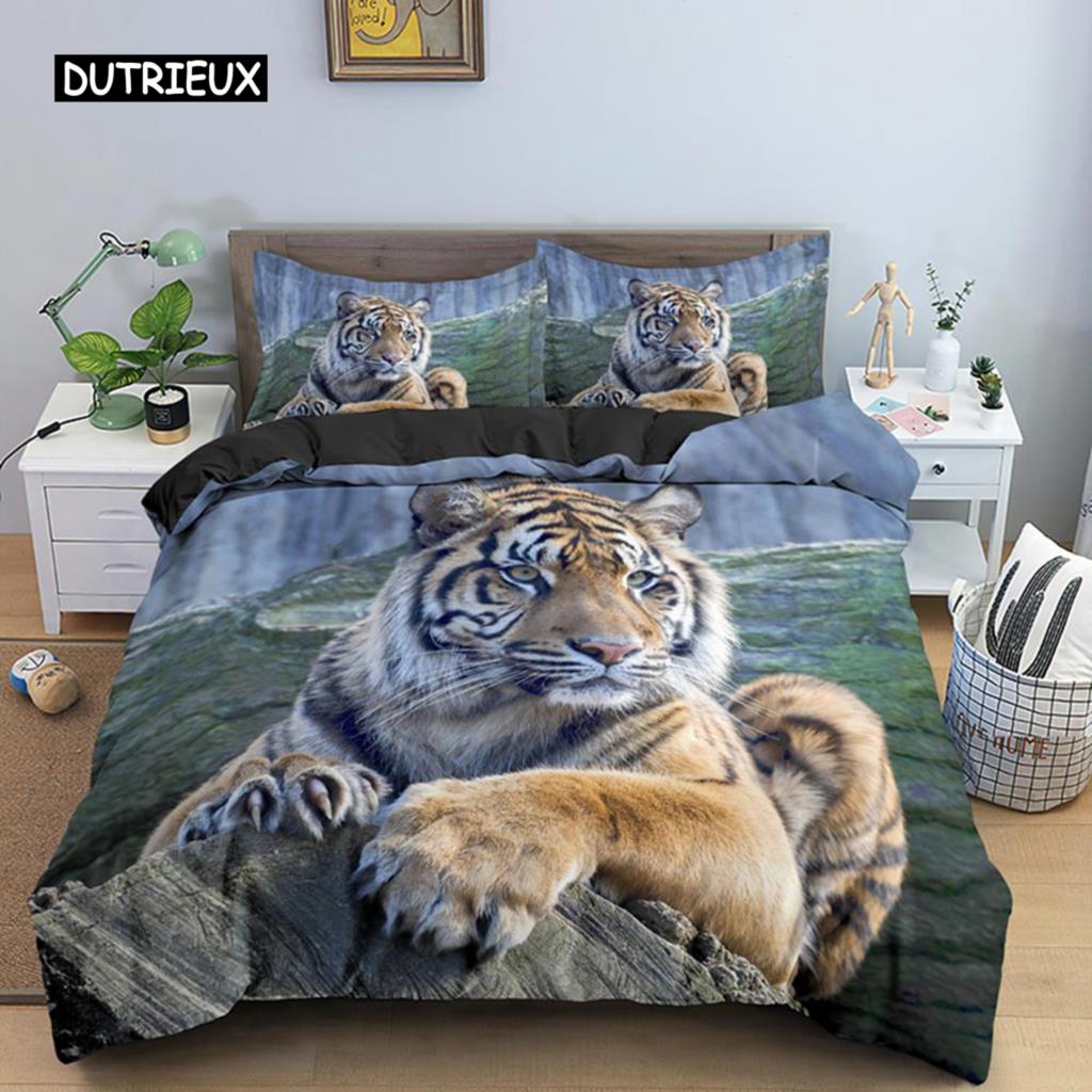 Tiger Duvet Cover Set King Size Wild Theme Bedding Set Animal Pattern Comforter Cover Animal Theme Sunset Polyester Quilt Cover