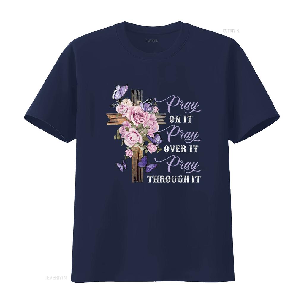 Pray On It Over Through Christian T Shirt vintage Washed Soft streetwear Top For Everyday Wear Breathable designer clothes