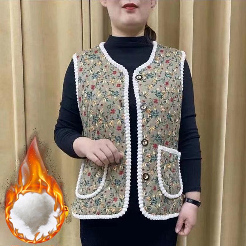 

Women s Autumn and Winter Plus Velvet Thickened Printed Pattern Vest with Pockets Large Size Warm Vest XXL верблюд