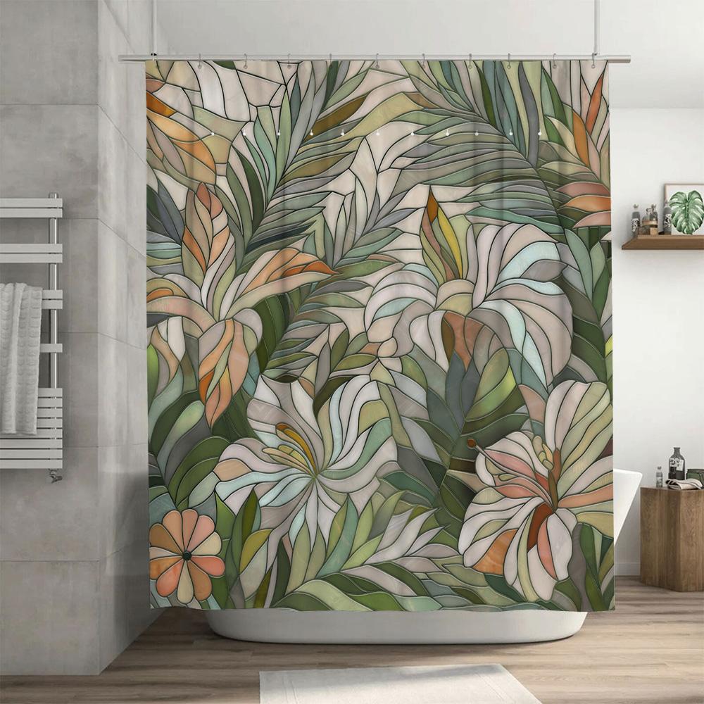 Artistic Floral Shower Curtain Greenery Bloom Decor for Bathroom Fabric Printed Hanging Bath Mat White Tub Cover Perfect Gift Id