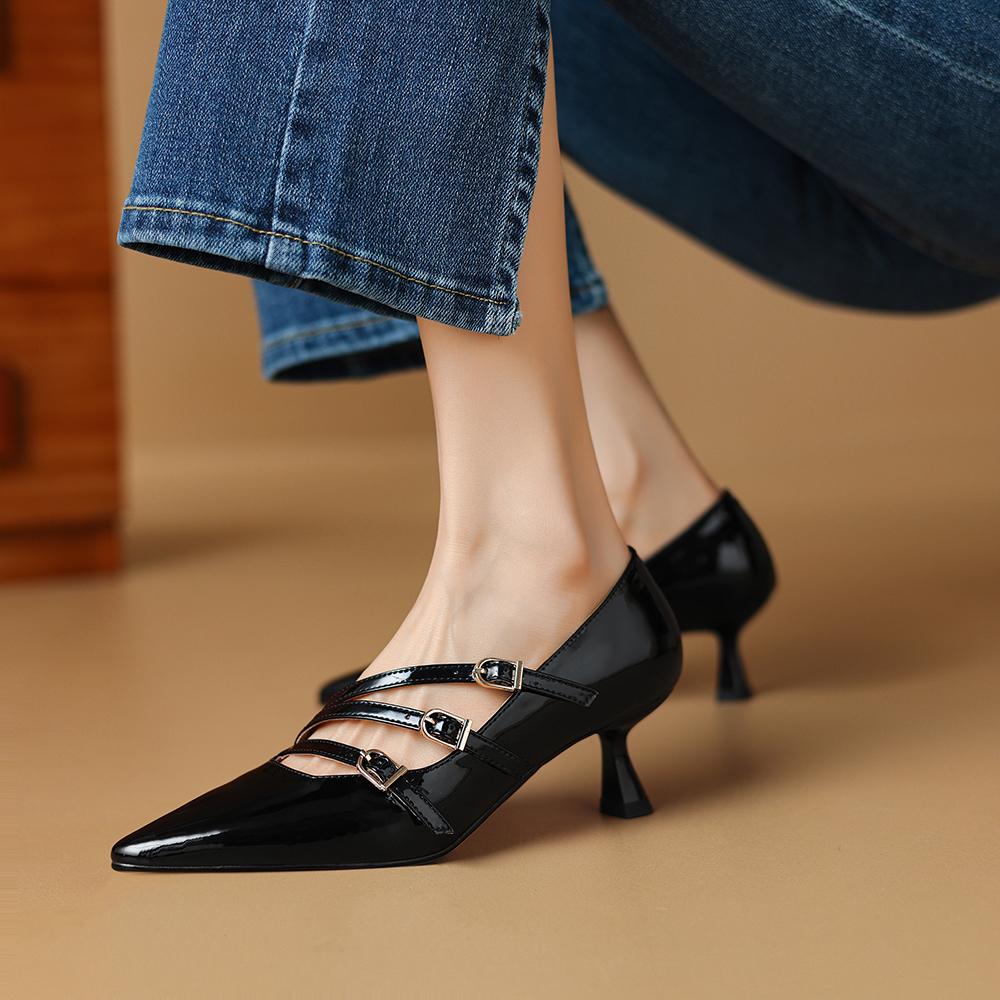 Genuine Leather Black Red Women Pumps High Stiletto Heel Small Big Size 31 47