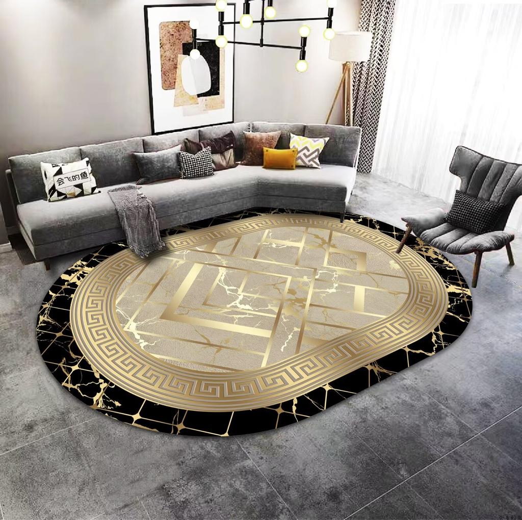 Zlatá Luxusní Dekorace Domova Oválný Koberec Špičkový Velký Plošný Koberec Pod Pohovku do Obývacího Pokoje Koberec pro Dekoraci Ložnice Hotelová Hala Protiskluzová Podložka na Nohy