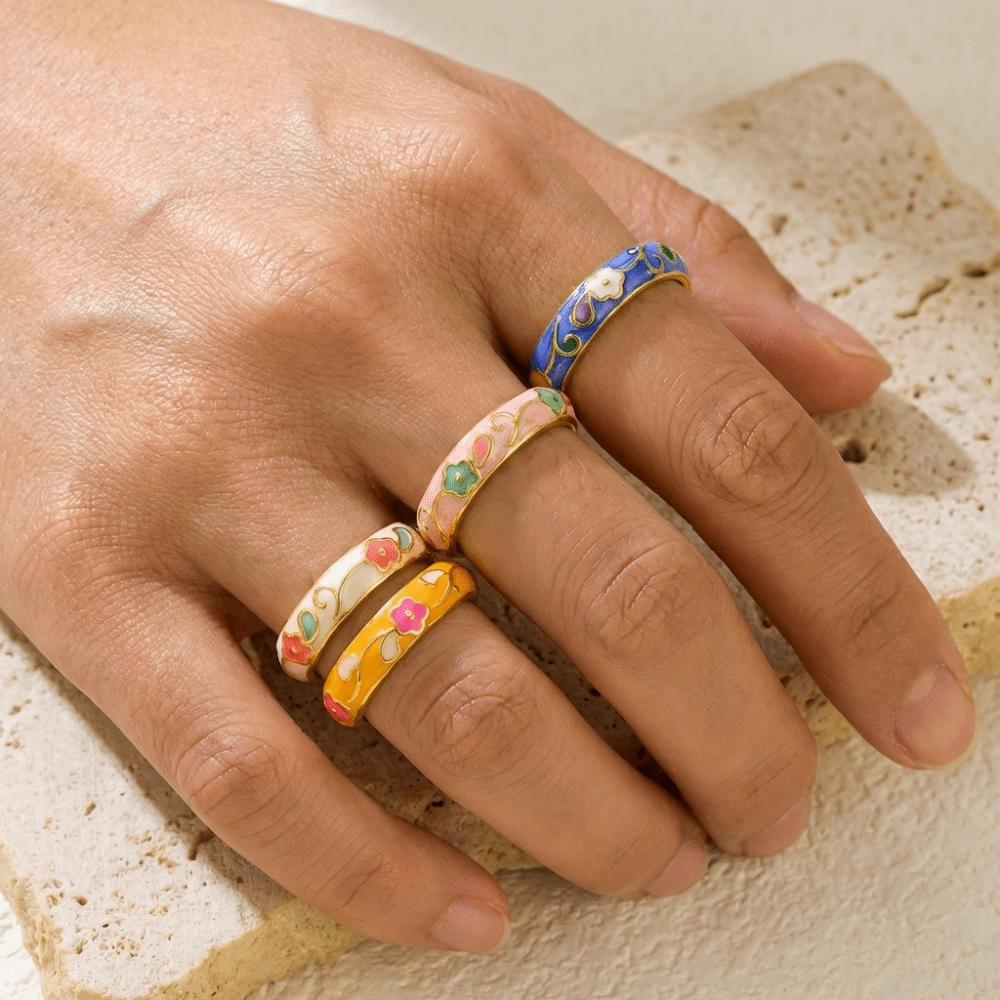 Colorful Flower Open Ring Retro Style Drip Glazing Ring Unisex Oil-Drop Enamel Ring  Party