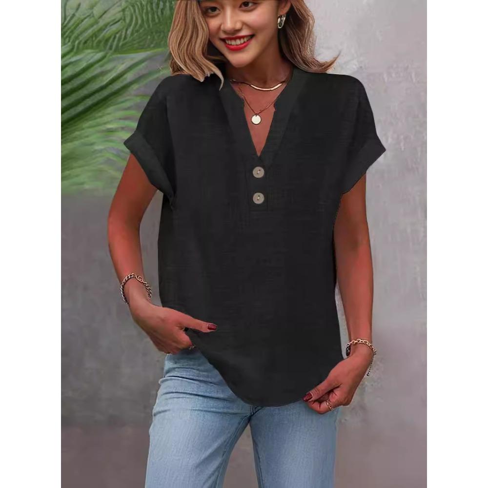Fashionable Solid Color Stand Up Collar Button Women's Casual and Comfortable Short Sleeved Shirt