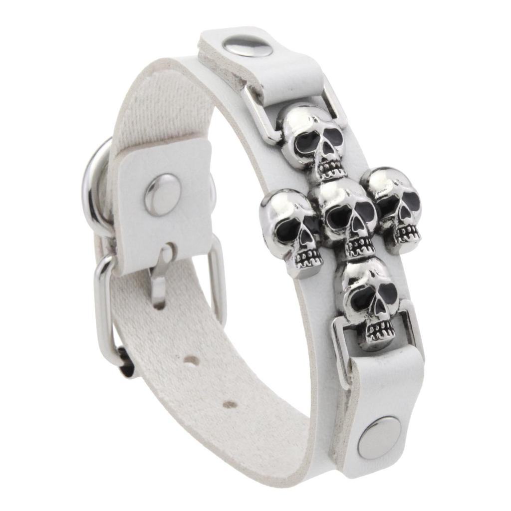 Multi Skull Cross PU Leather Bracelet, Adjustable Metal Pin Buckle Gothic Punk Unisex Wrist Cuff Wristband