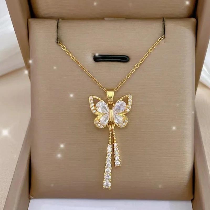 1PC Exquisite Stainless Steel Necklace, Butterfly Design, Inlaid with Miniature Sodium Oxide, Ideal Gift for Fashionable Women