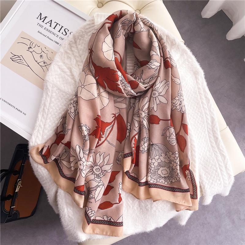 Elegant Autumn/Winter Cotton Linen Floral Scarf - Korean and Japanese Sweet Style 180x90cm