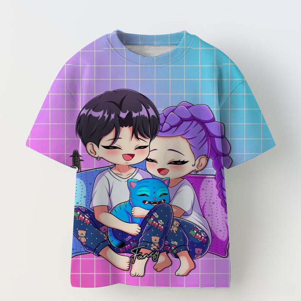 KPOP Demon Slayer Collaboration 3D Digital Print Girls' Casual Comfortable Short Sleeve T-Shirt Children's Clothing