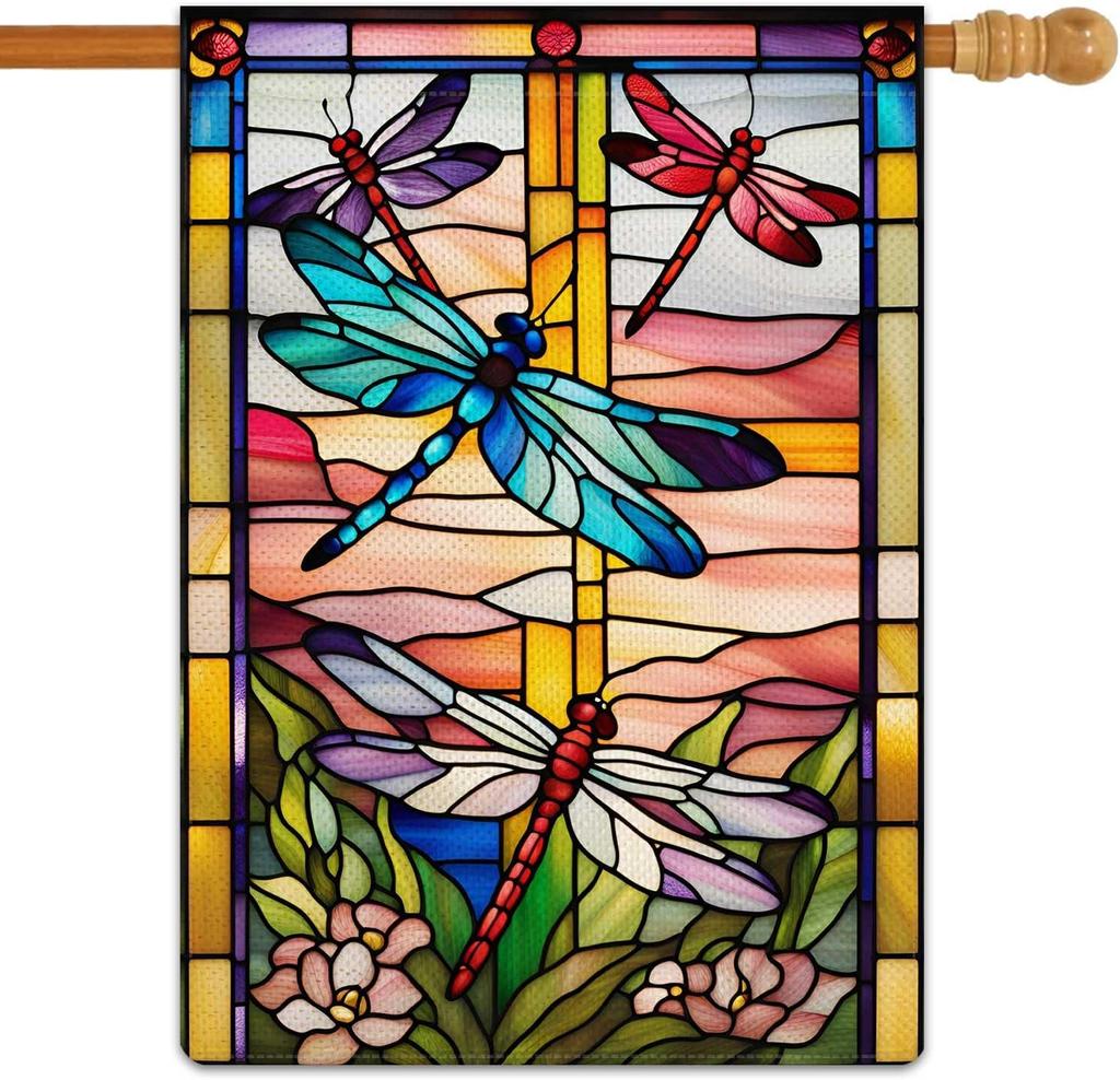 Spring Summer Dragony Garden ag Stained Glass Style owers Garden ag Vertical Double Sided Rustic Farmland Burlap Yar SSL