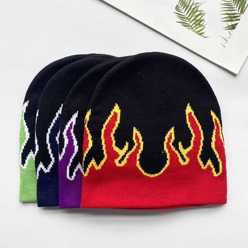 Autumn Knitted Hat Men's and Women's Hip Hop Fashion Flame Jacquard Hoodie Winter Outdoor Cycling Versatile brimless Hat